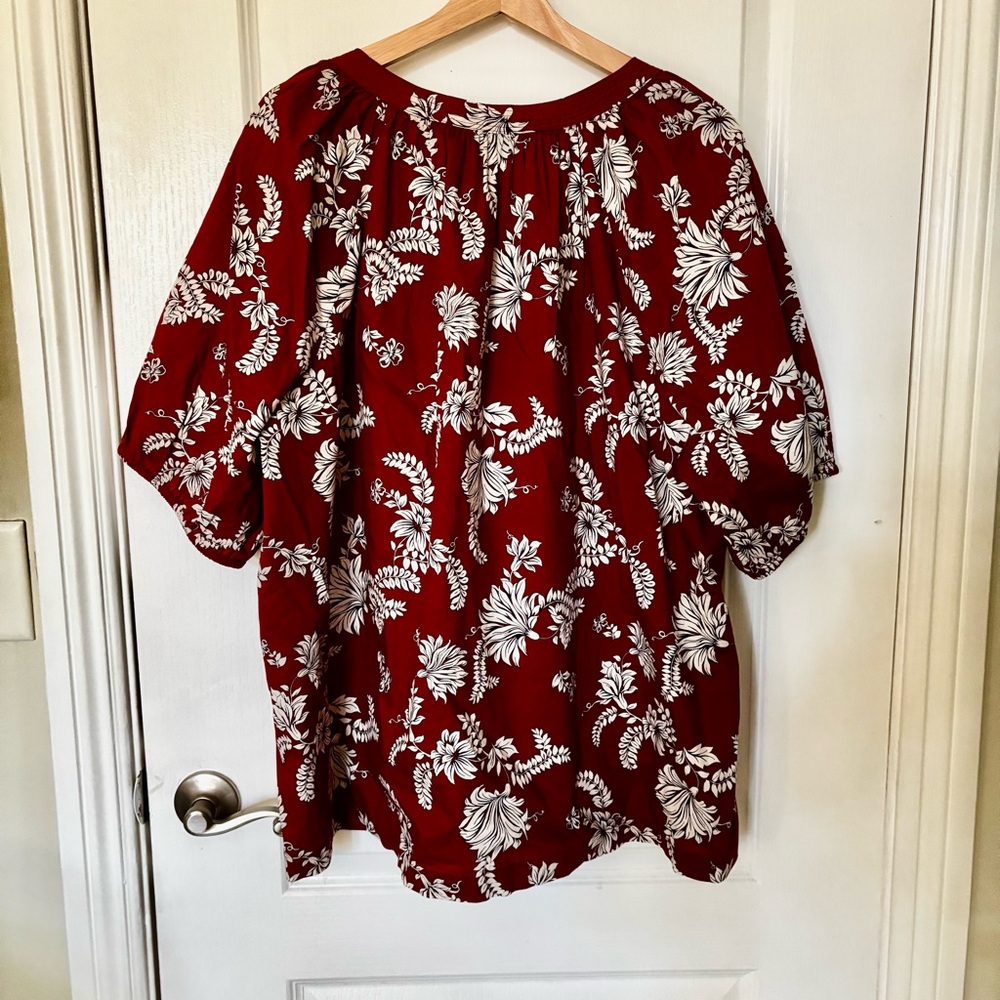 Lane Bryant Sz 22 Rust Floral Cotton Classic Raglan Elbow Sleeve Tie Neck Top - Picture 5 of 10